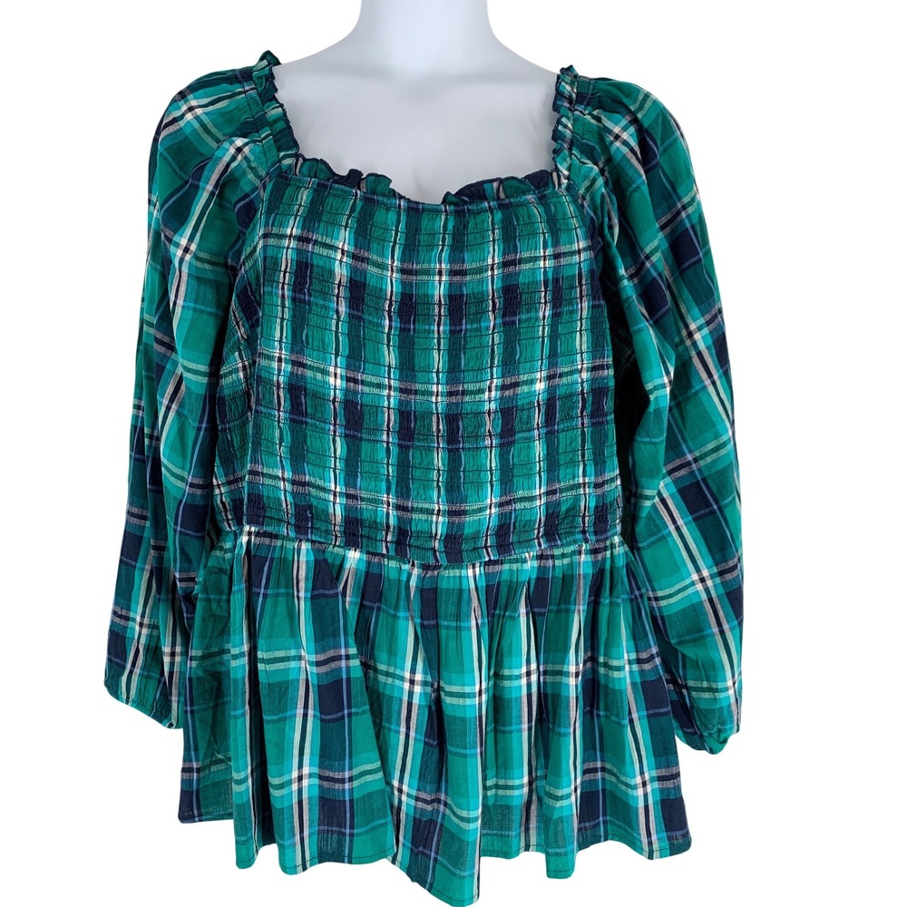 St. John's Bay 3X Green Plaid Smocked Peplum Top Long Sleeve